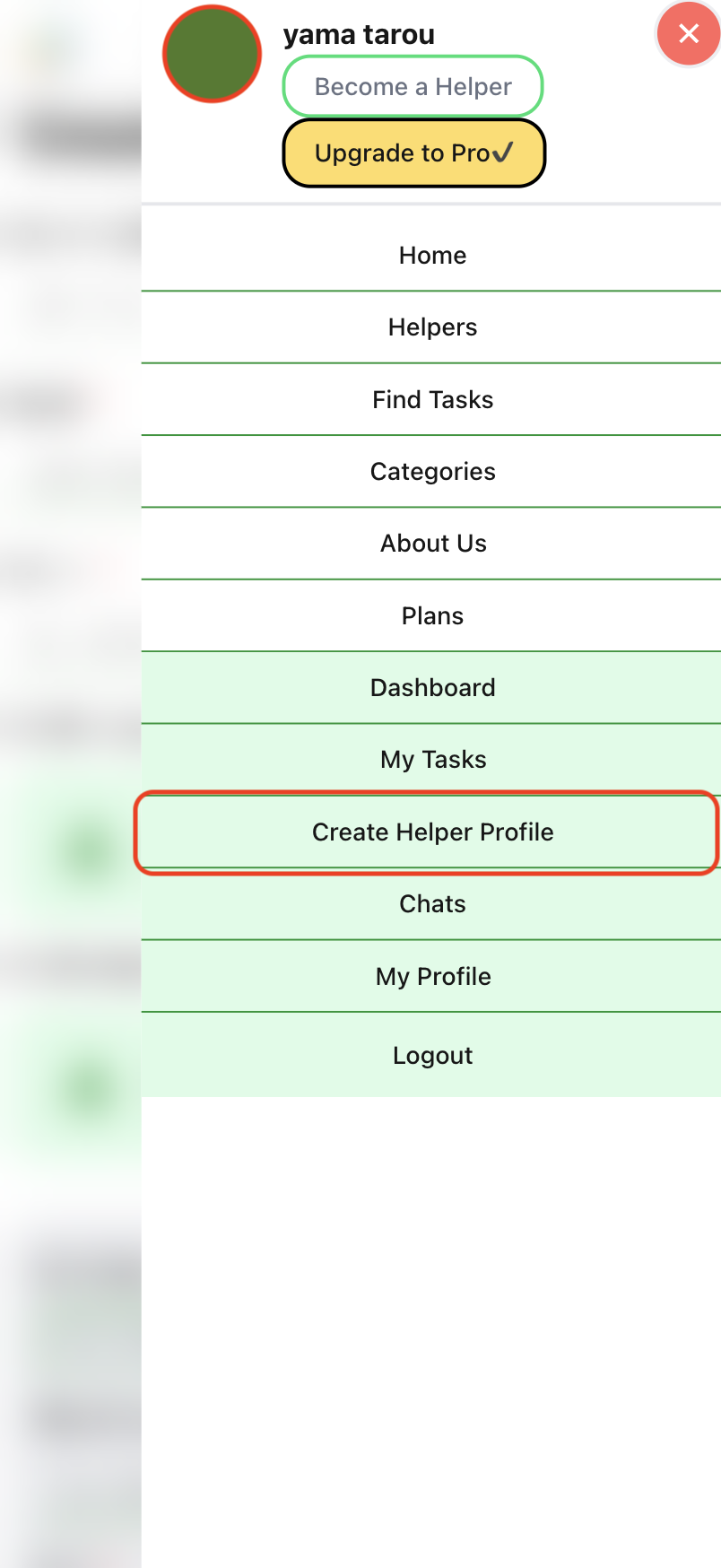 step-Open your menu and tap the 'Create Helper Profile' button.