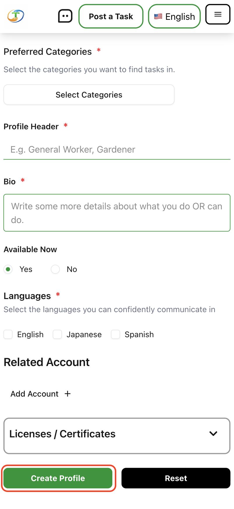 step-Fill in your business details if you are a have a business or just use your preferred helper indentification detials to make it easy for people to find you.